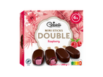 Boîte de mini bâtonnets glacés à la framboise, enrobés de chocolat, avec 6 pièces.