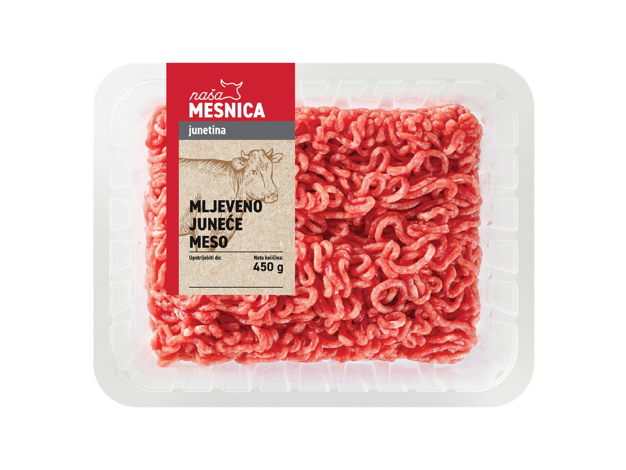 Pakiranje mljevene junetine od 450 g s natpisom 'Naša Mesnica' i ilustracijom krave.