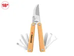 A multi-tool with pruning shears and various other tools, featuring wooden handles.
