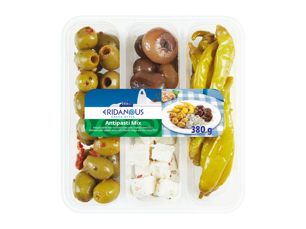 Eridanous Greek Style Antipasti Mix with olives, peppers, onions, and feta cheese, 380g.