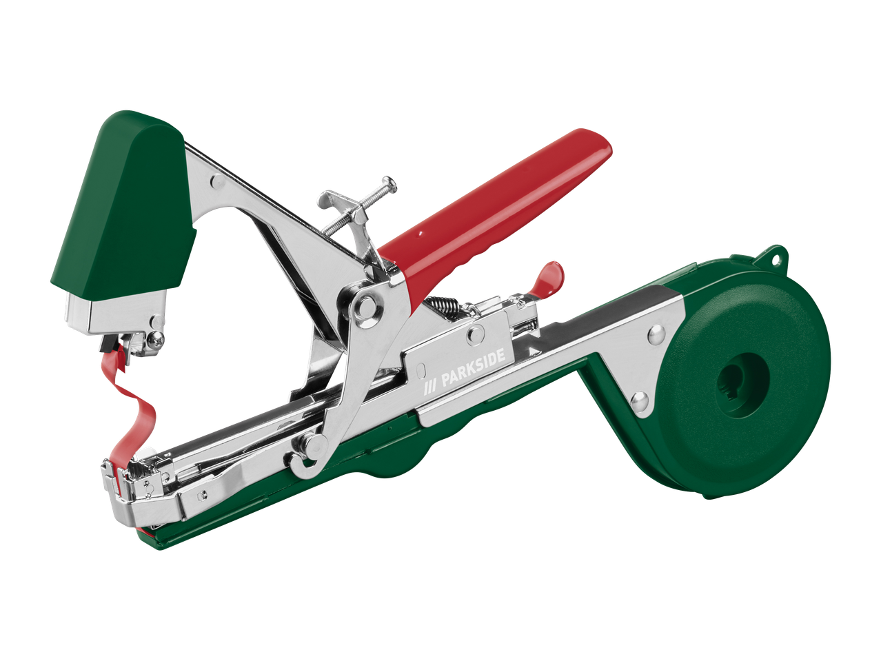 Pripomoček za vezanje rastlin v zeleni in rdeči barvi.