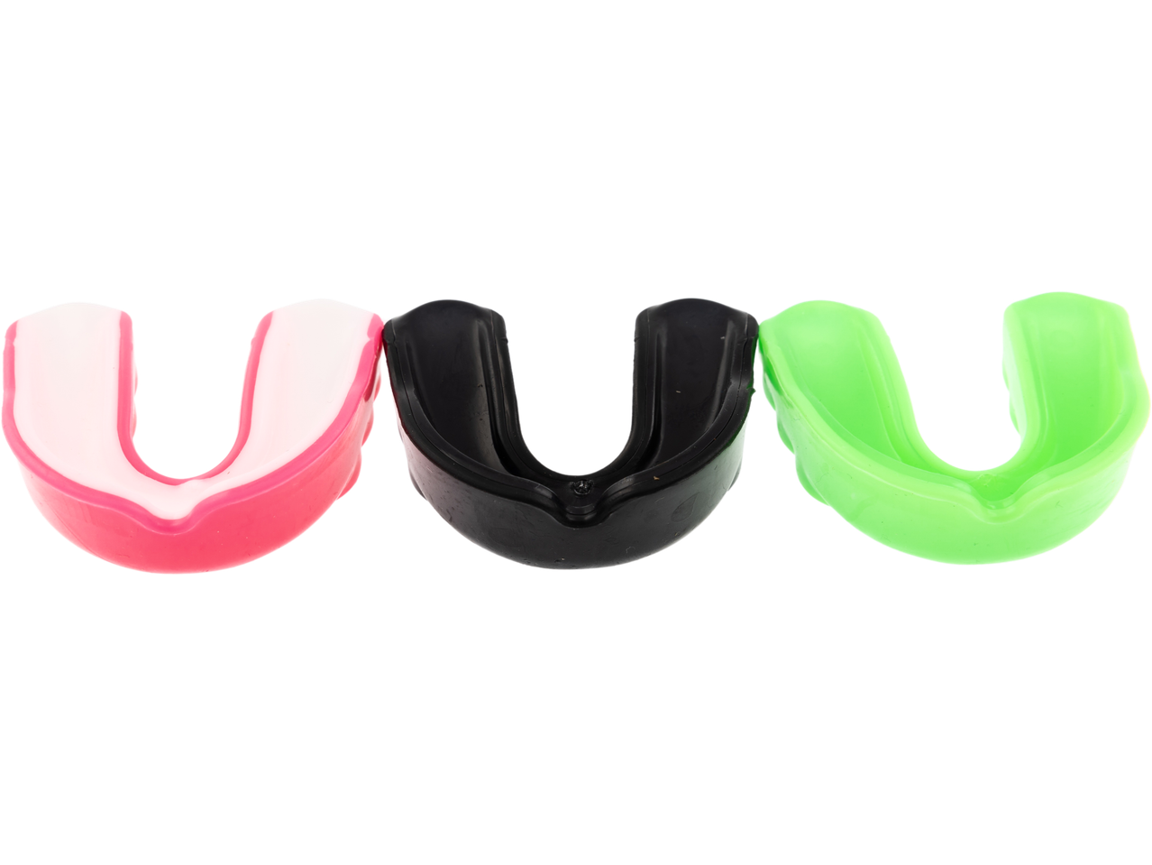 Three colorful mouthguards in pink, black, and green, for sports protection.
