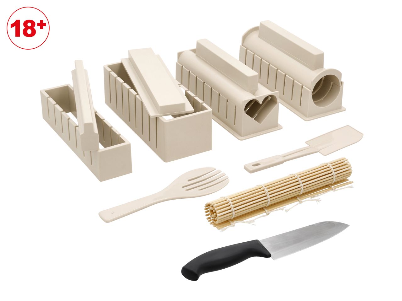 Sushi making kit with various molds, spatula, fork, bamboo mat, and knife. 18+ icon.