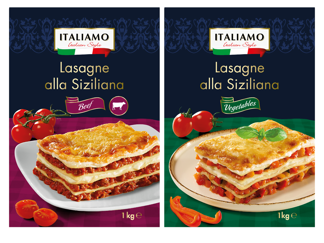 Två förpackningar med Italiensk lasagne, en med nötkött och en med grönsaker.