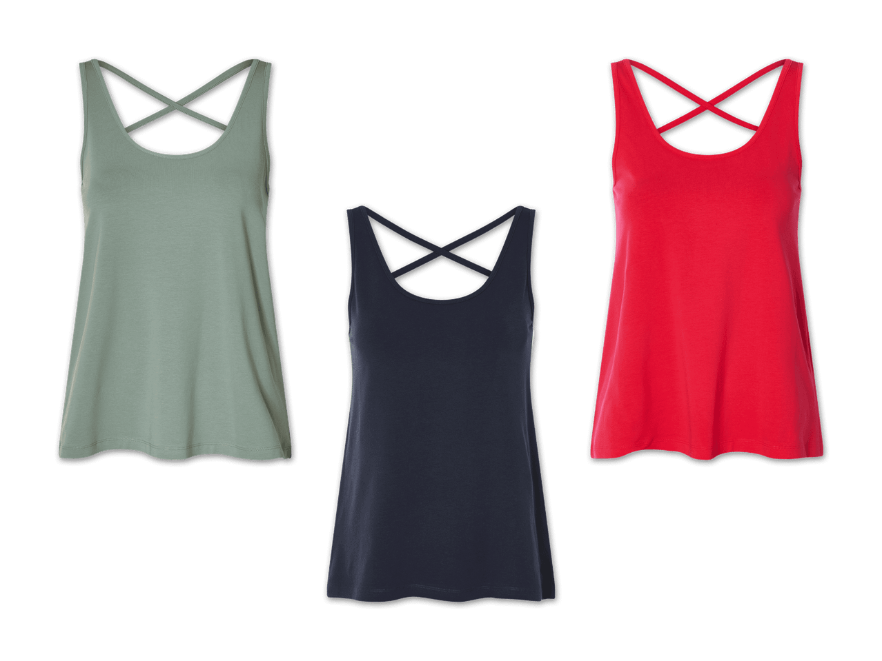 Drei Damen-Tops in Grün, Schwarz und Rot mit gekreuzten Trägern.