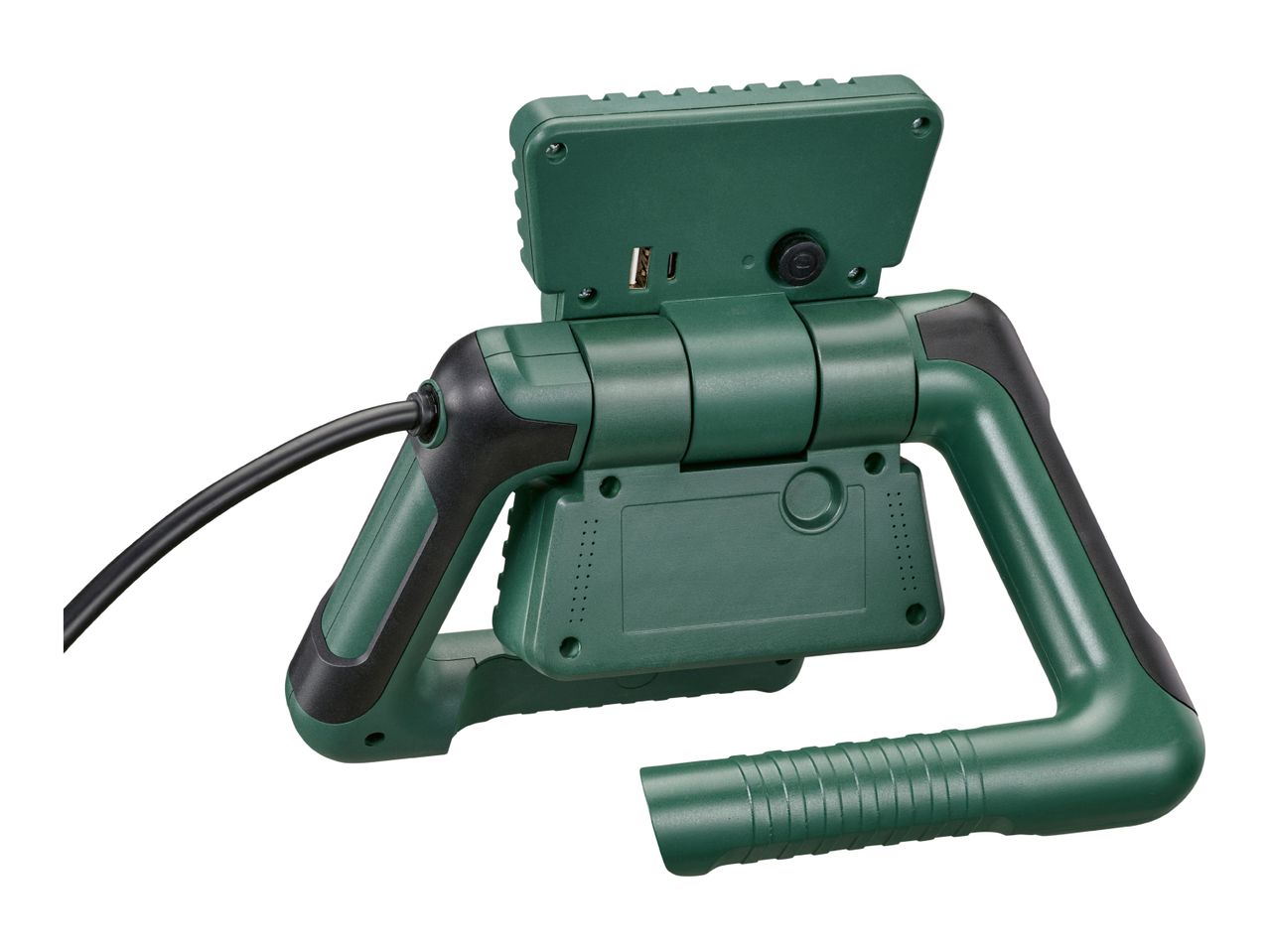 A green and black portable work light with a USB port and a power cord.