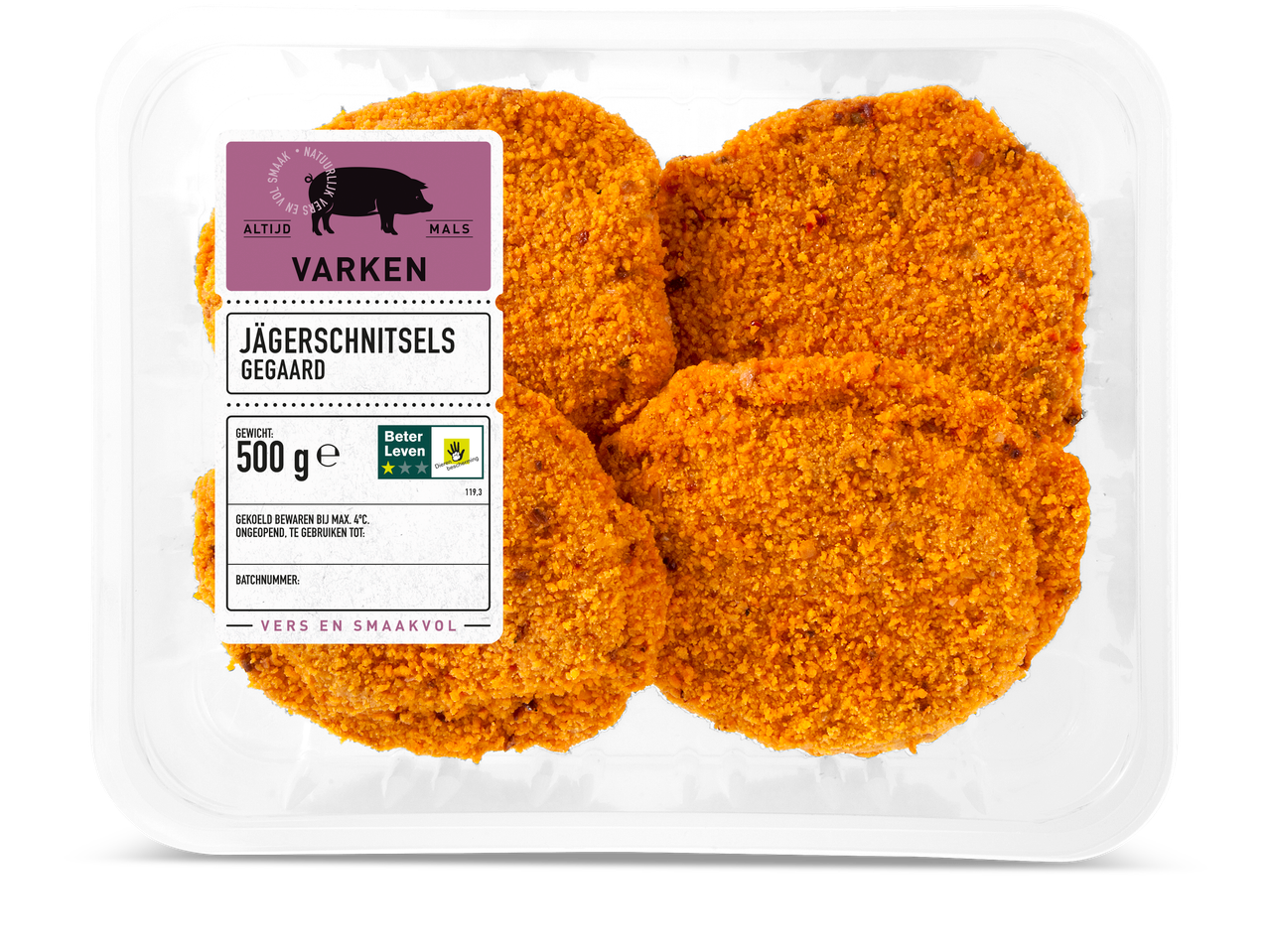 Verpakking Jägerschnitzels, 500g, met een 'Beter Leven' keurmerk.