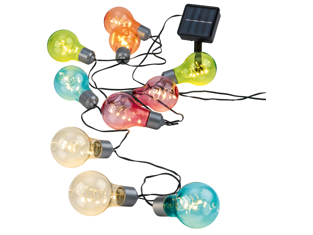 Соларна гирлянда с разноцветни крушки, осветени с LED светлини.