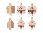 Six wooden Christmas house clips, three with red doors and three with round windows.