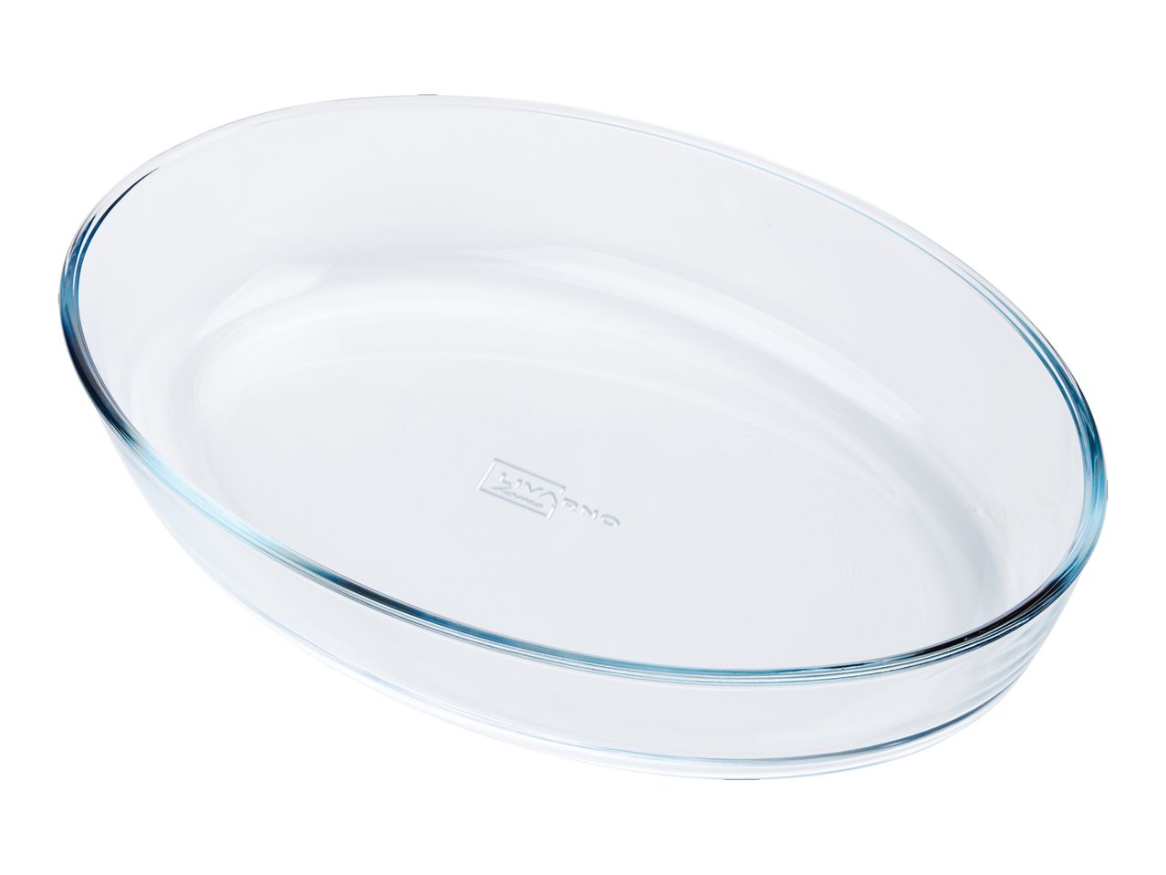 A clear glass oval baking dish.