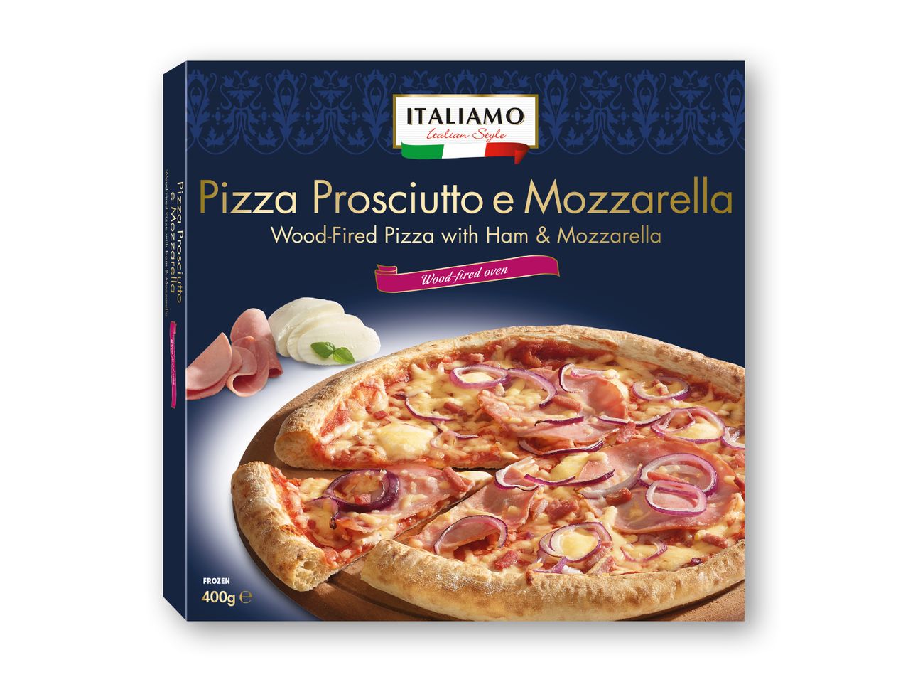 Frossen pizza med prosciutto og mozzarella, træfyret, 400g.
