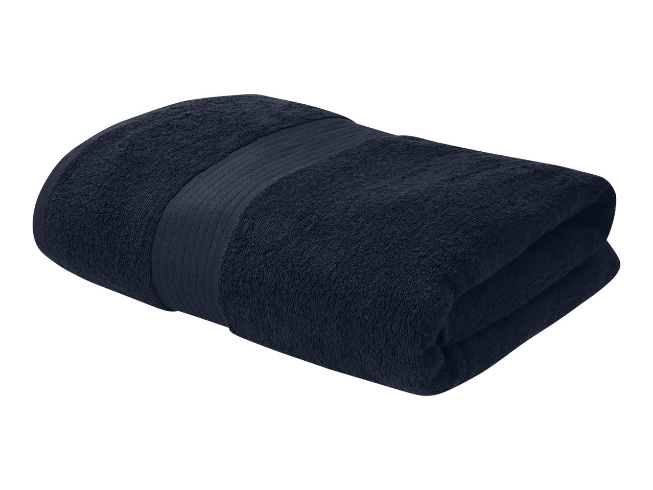 Folded dark blue bath towel with a ribbed band.