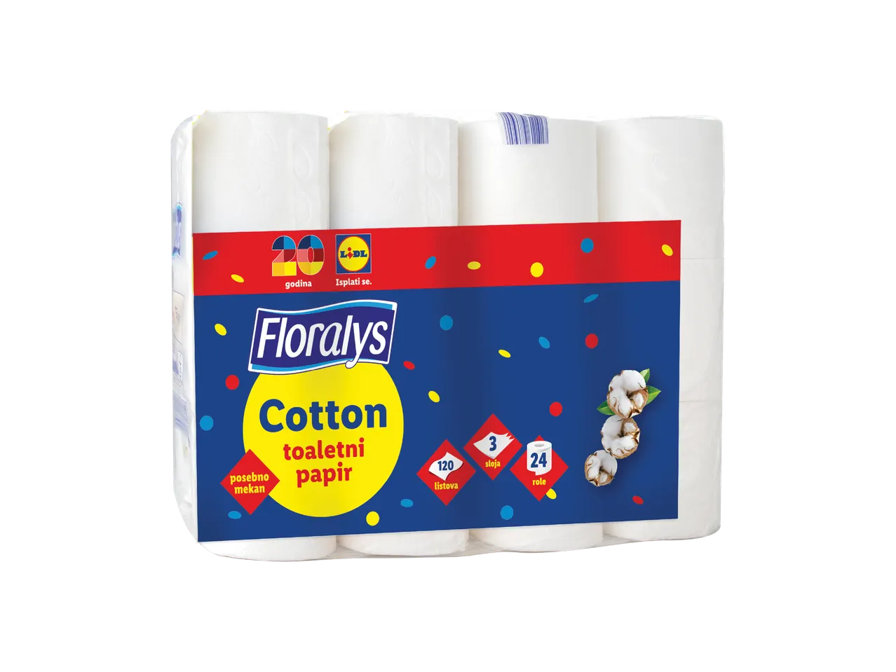 Pakiranje toaletnog papira s natpisom 'Cotton toaletni papir' i detaljima o proizvodu.