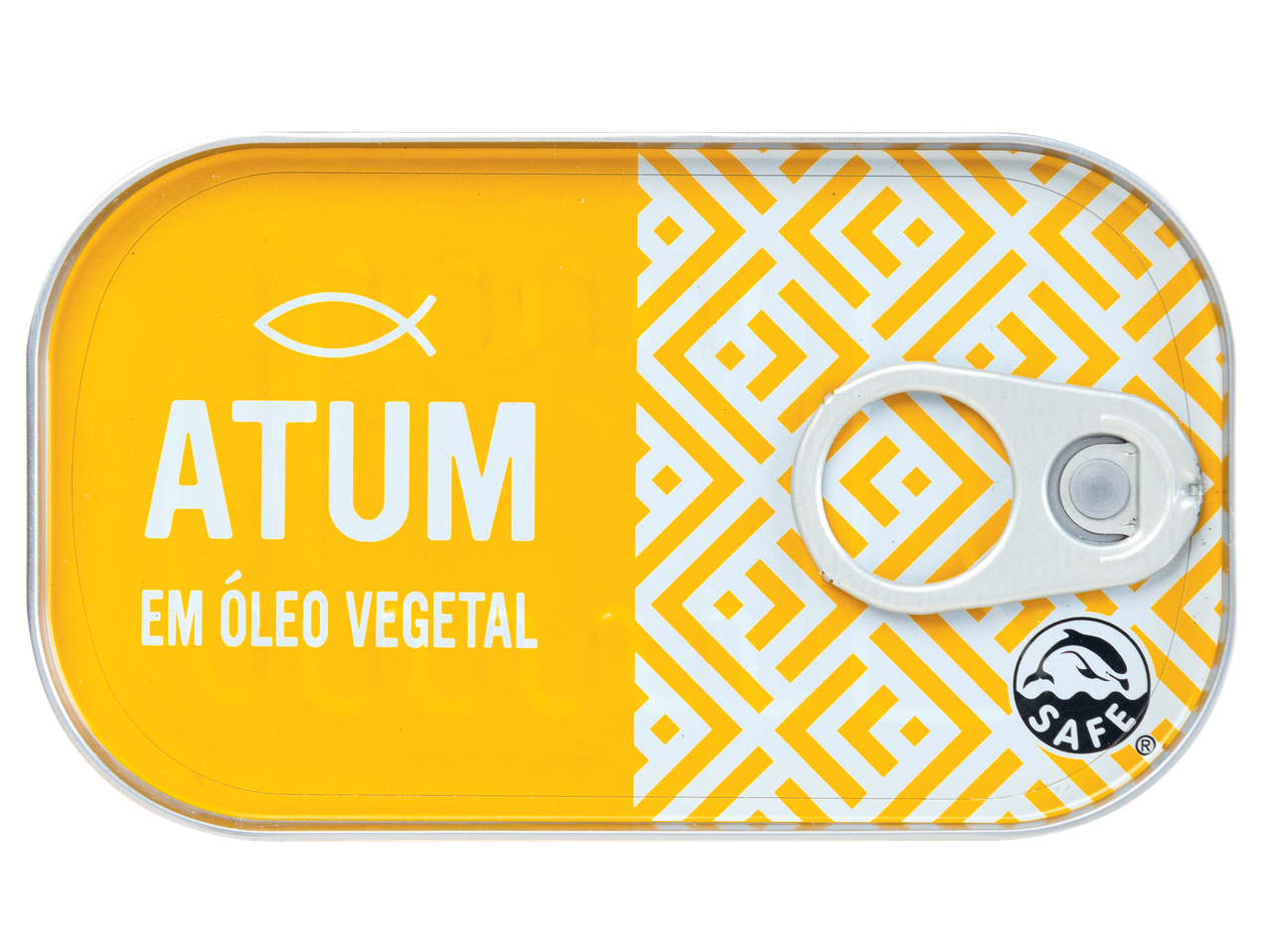 Lata amarela de atum em óleo vegetal com padrão geométrico e logótipo de golfinho.