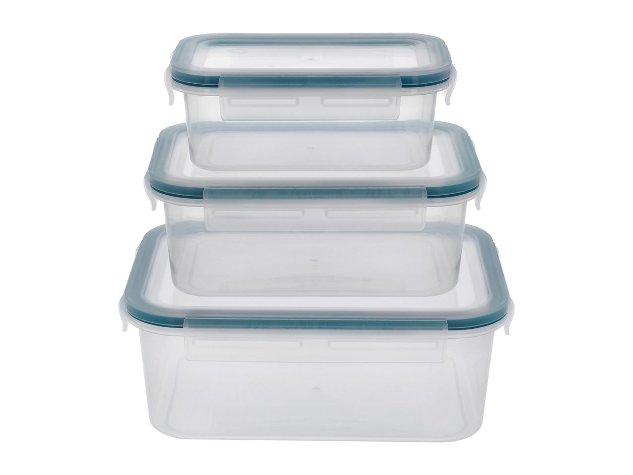 Stack of three clear rectangular food storage containers with teal lids and white clips.