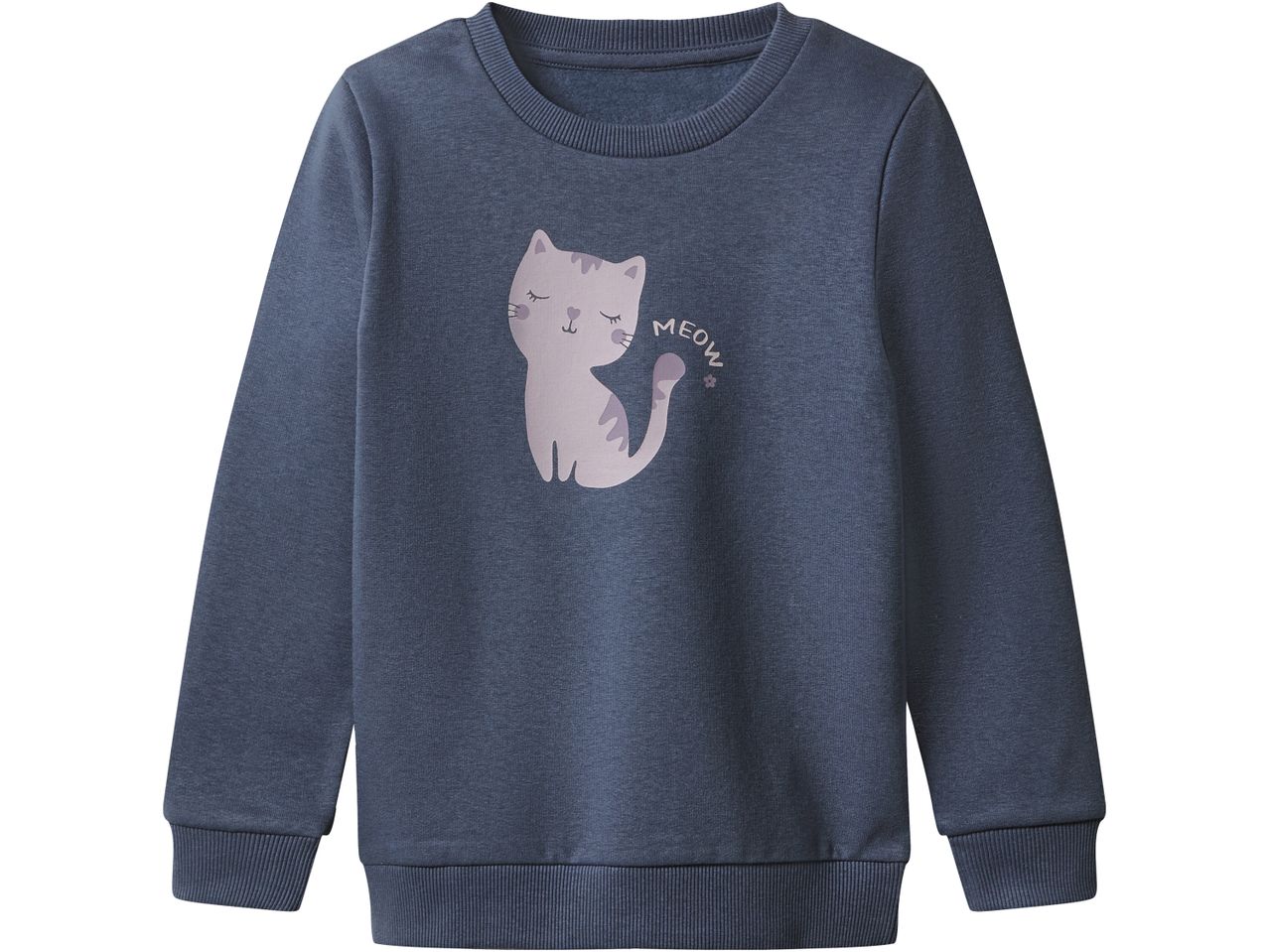 Felpa blu scuro con stampa di gatto grigio e scritta 'meow'.
