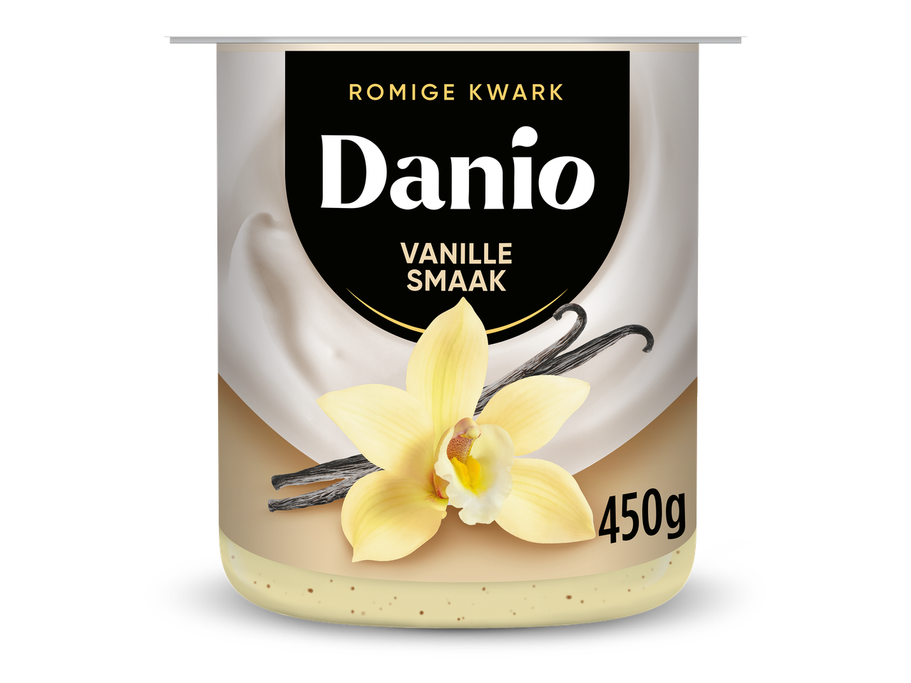 Romige kwark met vanillesmaak in een beker van 450g, versierd met vanillebloem en -stokjes.