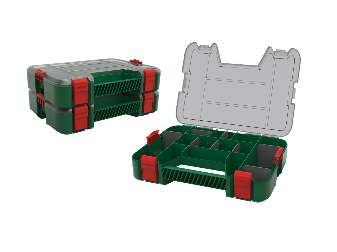 Organizadores de ferramentas Parkside em verde e vermelho, um aberto e um fechado.