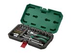 Open socket wrench and bit set in a green and black plastic case