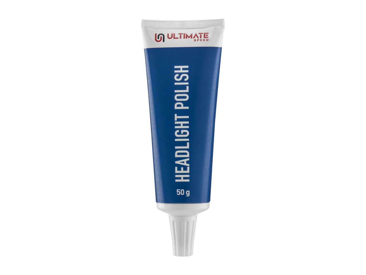 A tube of Ultimate Speed Headlight Polish, 50g, with a blue and white label.