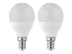 Δύο λευκοί λαμπτήρες LED LIVARNO home με βάση E14 σε μαύρο φόντο.