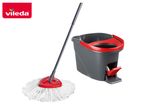 A red and grey spin mop and bucket set with a foot pedal for wringing.