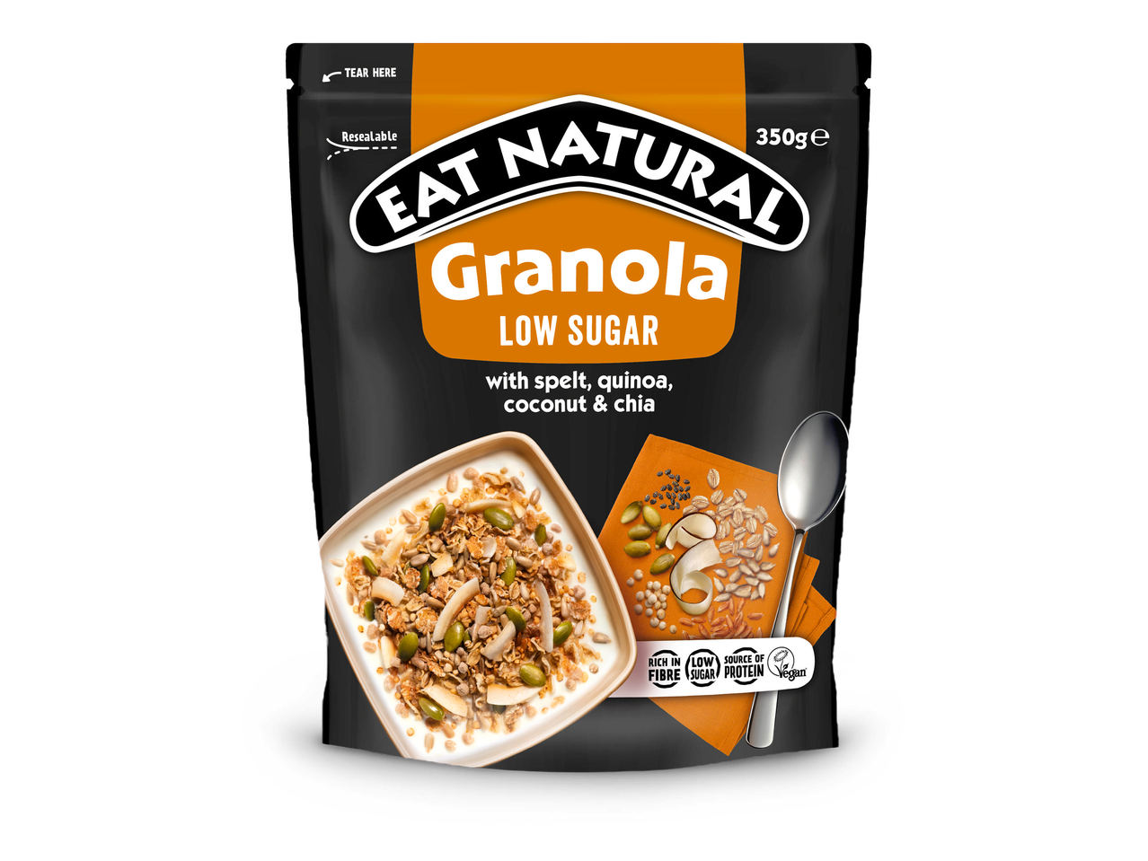 Een verpakking granola met spelt, quinoa, kokos en chiazaad.