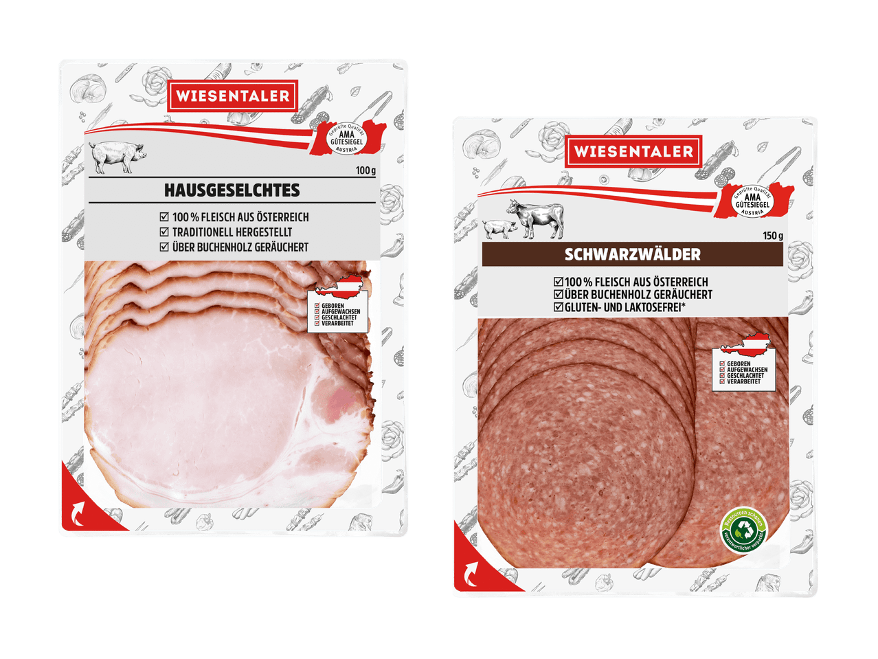 Zwei Packungen Wurstaufschnitt von Wiesenhof: Kochschinken und Lyoner.