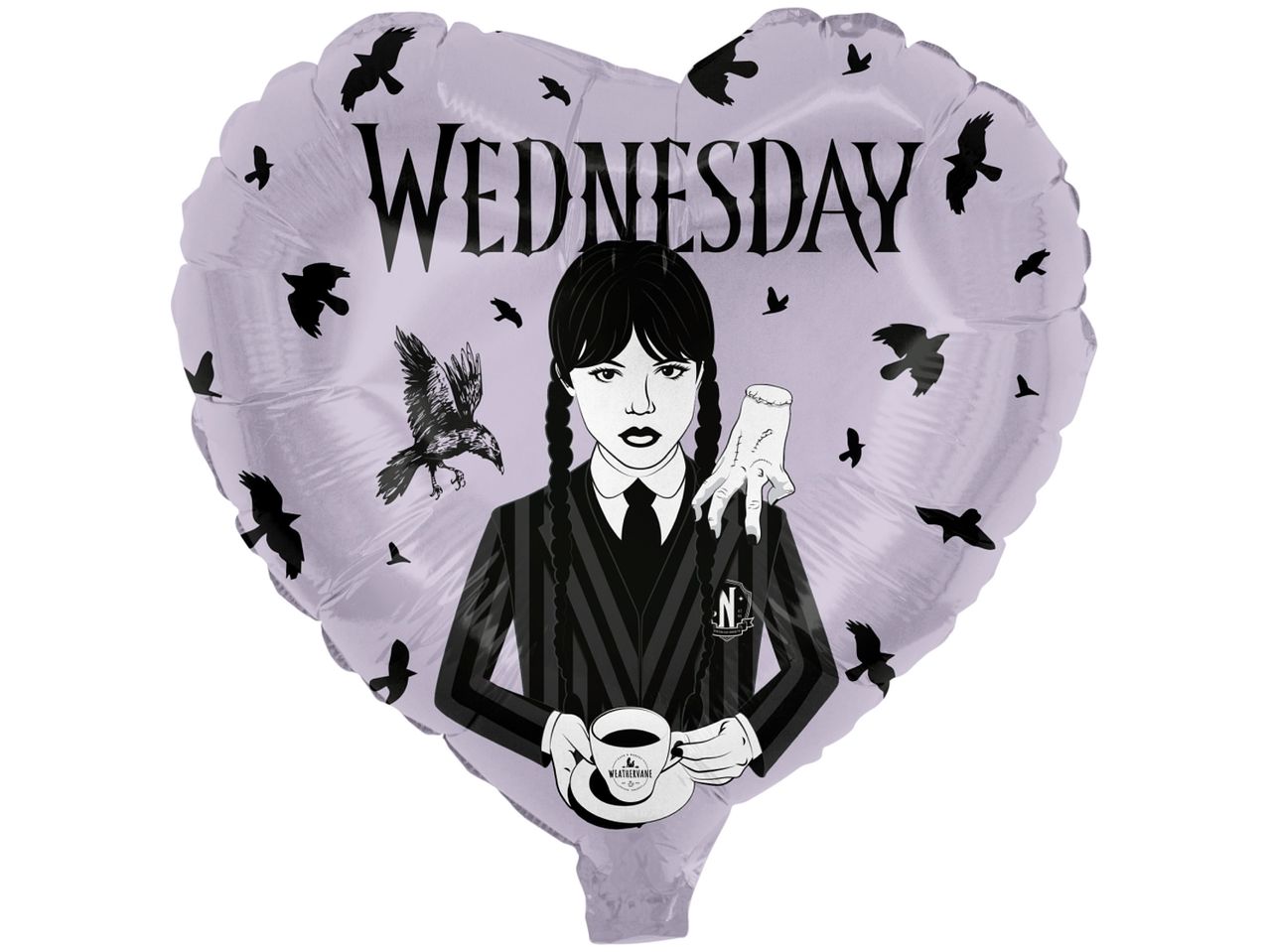 Heart-shaped balloon featuring Wednesday Addams, Thing, and a raven.