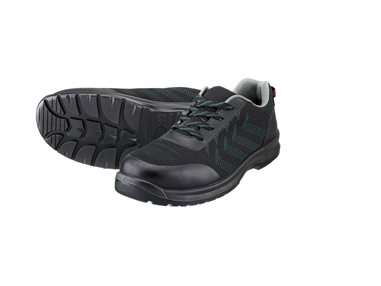 Crne zaštitne cipele s tirkiznim detaljima i protukliznim potplatom.