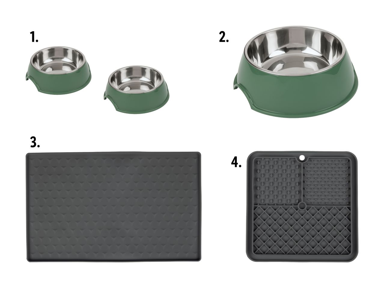 Set mit Näpfen und Antirutschmatten für Hunde im modernen Design.