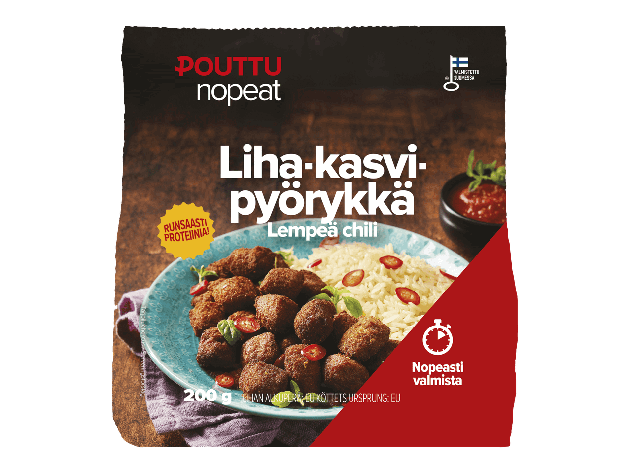 Liha-kasvispyörykät lempeällä chilillä, riisillä ja kastikkeella, valmistettu Suomessa.