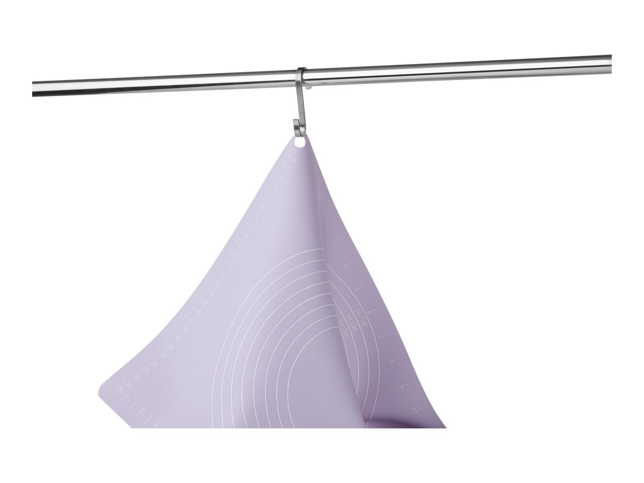 A light purple triangular cloth hangs from a metal rod.