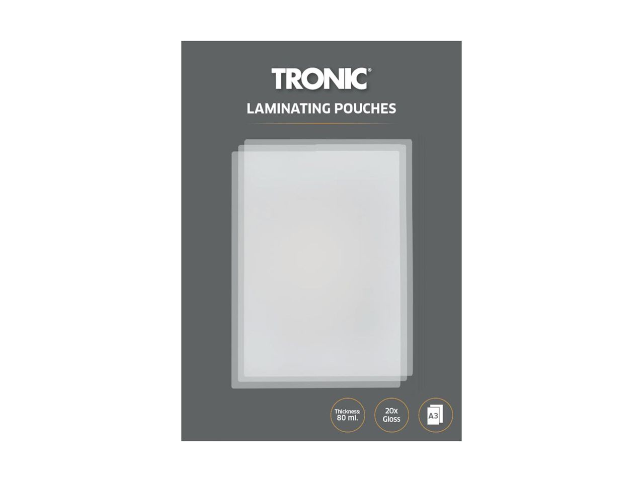 TRONIC lamináló tasakok, A3-as méretben, 80 mikron vastagságú, fényes felületű.