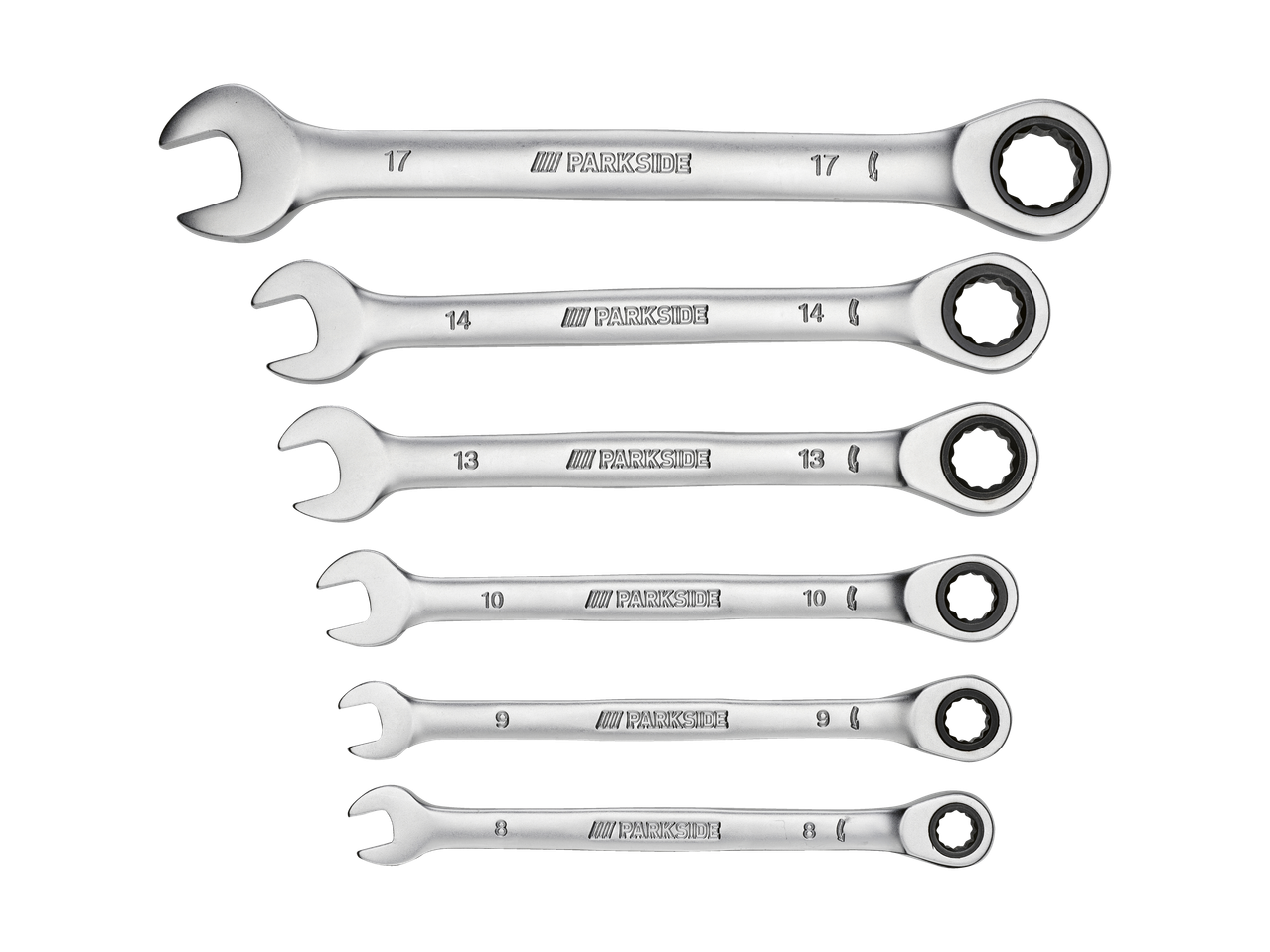 A set of six silver Parkside Flexi-Head Ratchet Spanners, ranging from sizes 8 to 17.