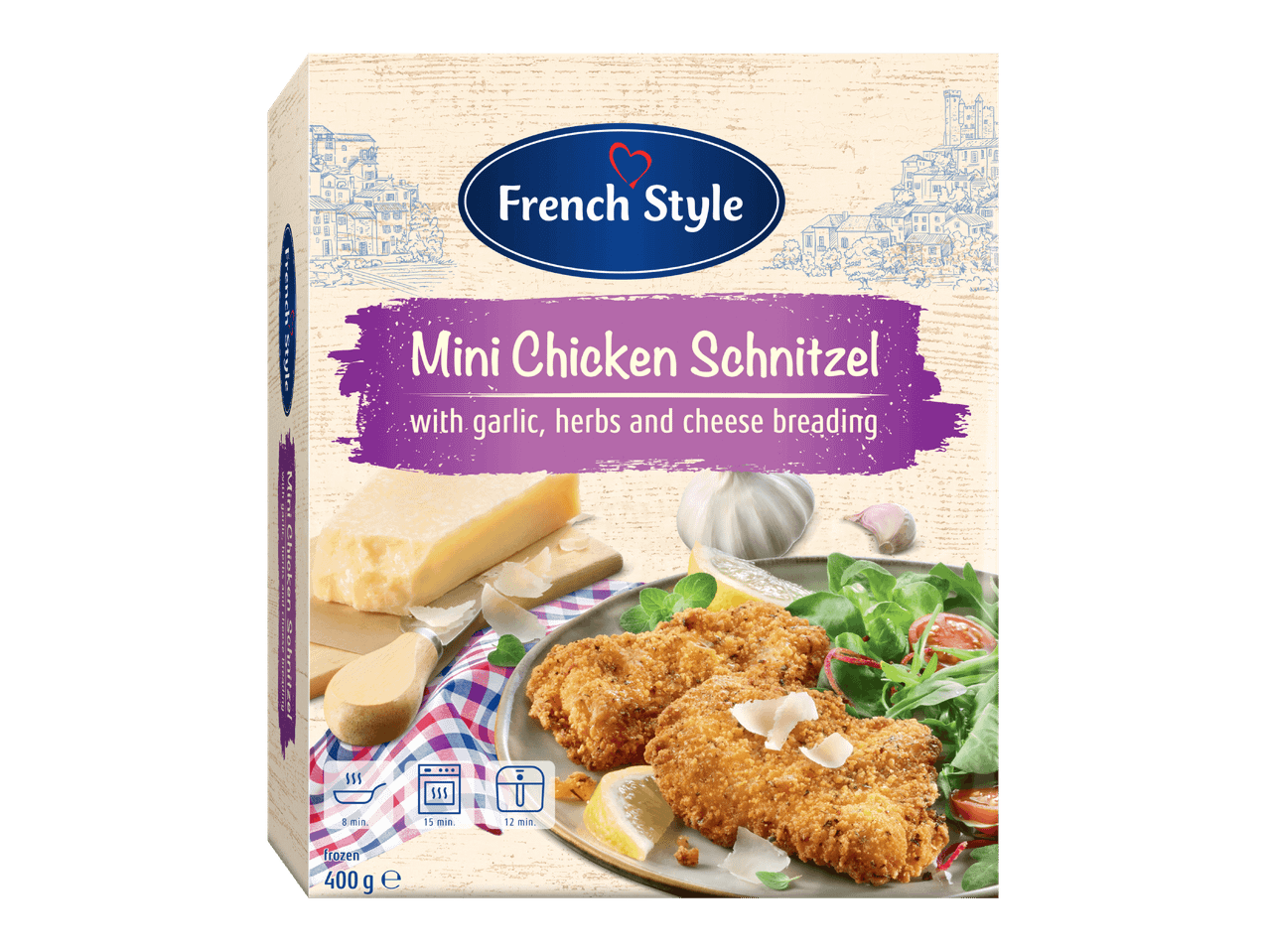 Pakaste Mini Chicken Schnitzel -kanaleikkeet valkosipuli-, yrtti- ja juustokuorrutteella.