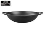 Black cast iron wok with two handles and a logo that says 'GRILL MEISTER'