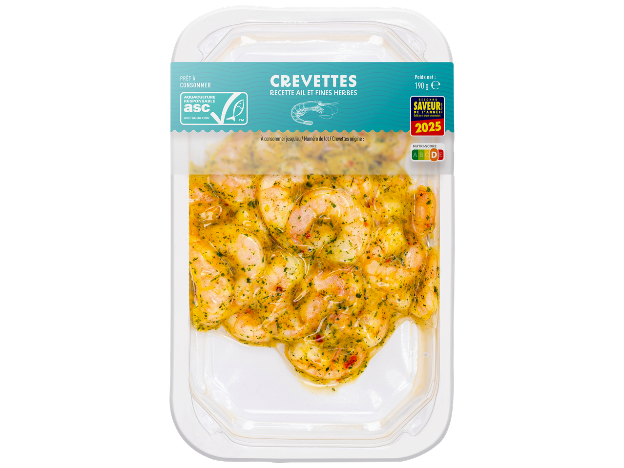 Crevettes à l'ail et aux fines herbes, prêtes à consommer, avec Nutri-Score D et label Saveur de l'Année 2025.