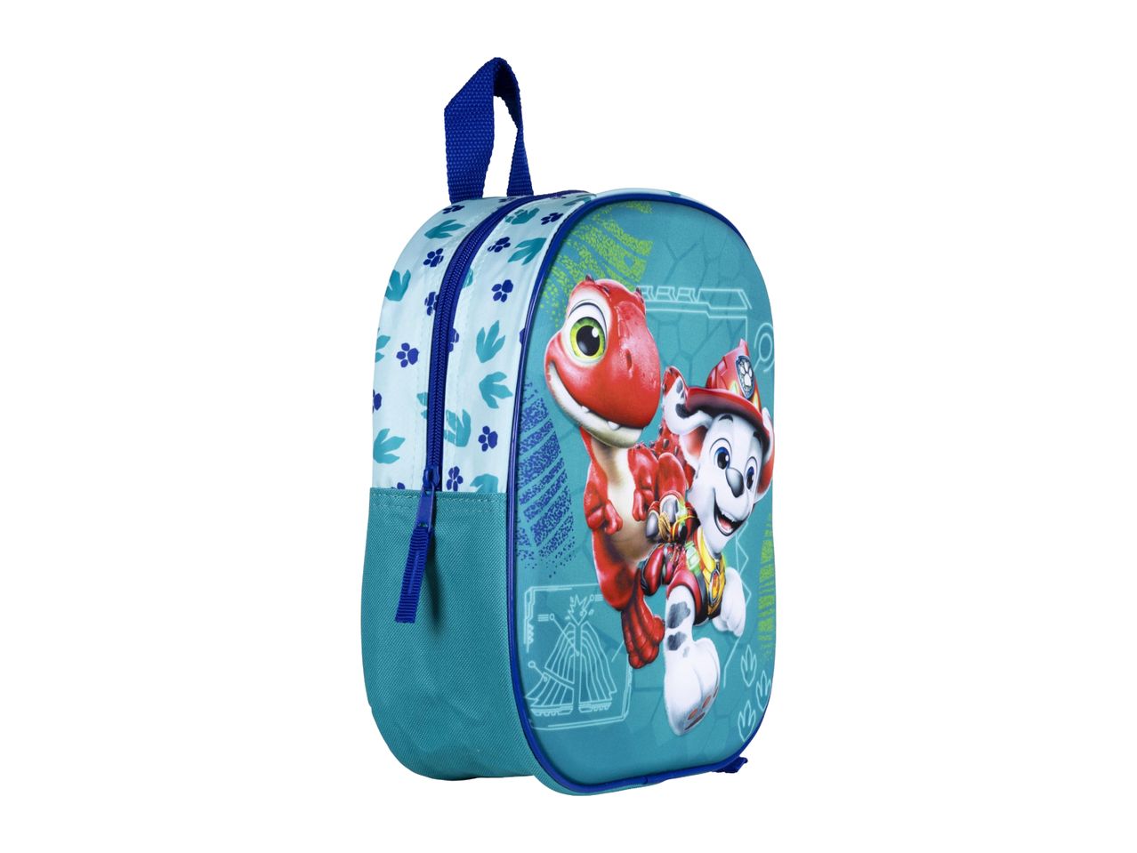 Children's lunch bag with a dinosaur and a dog character on a blue background.
