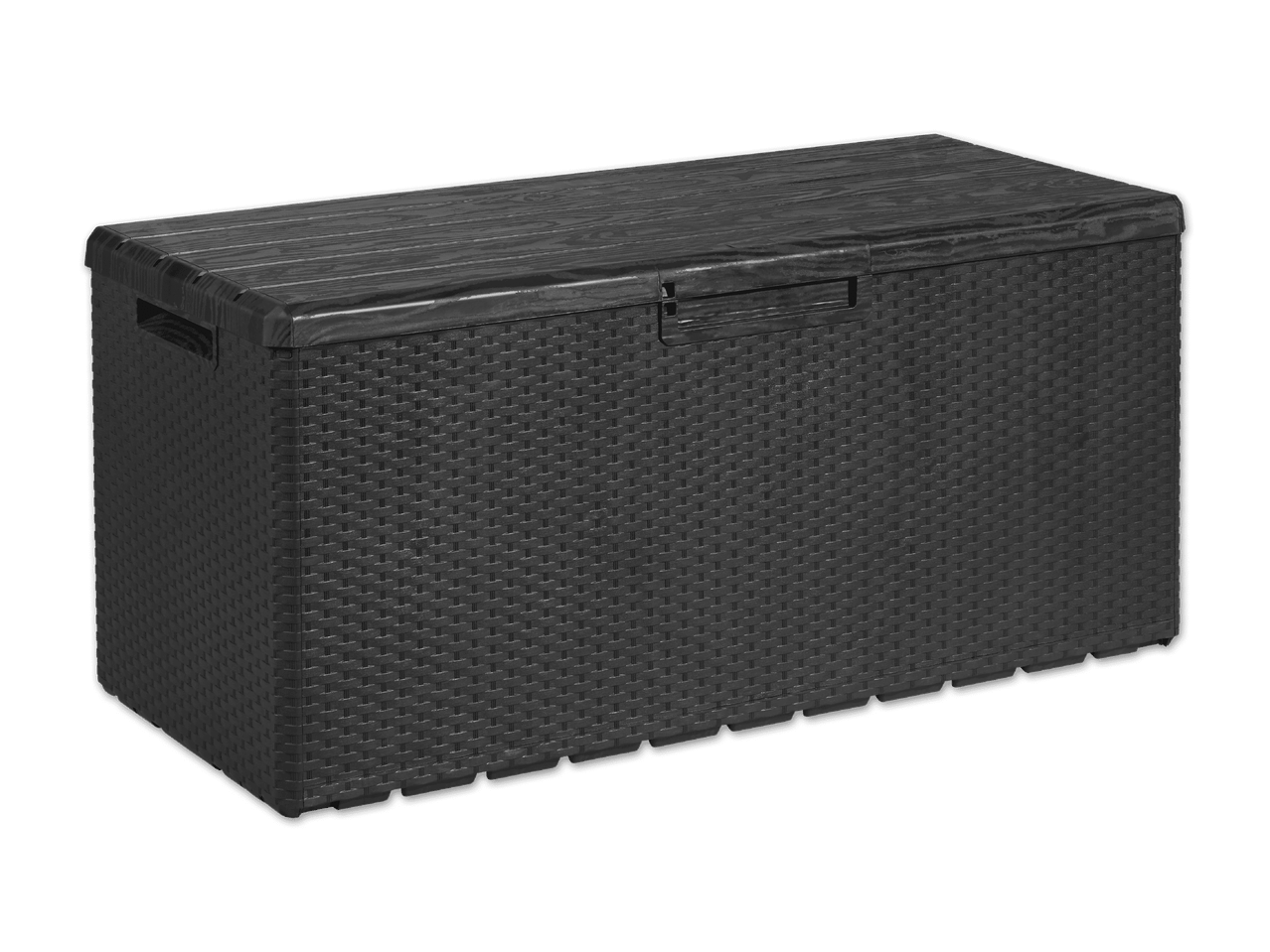 Eine schwarze Kunststoff-Aufbewahrungsbox mit Holzoptik-Deckel.