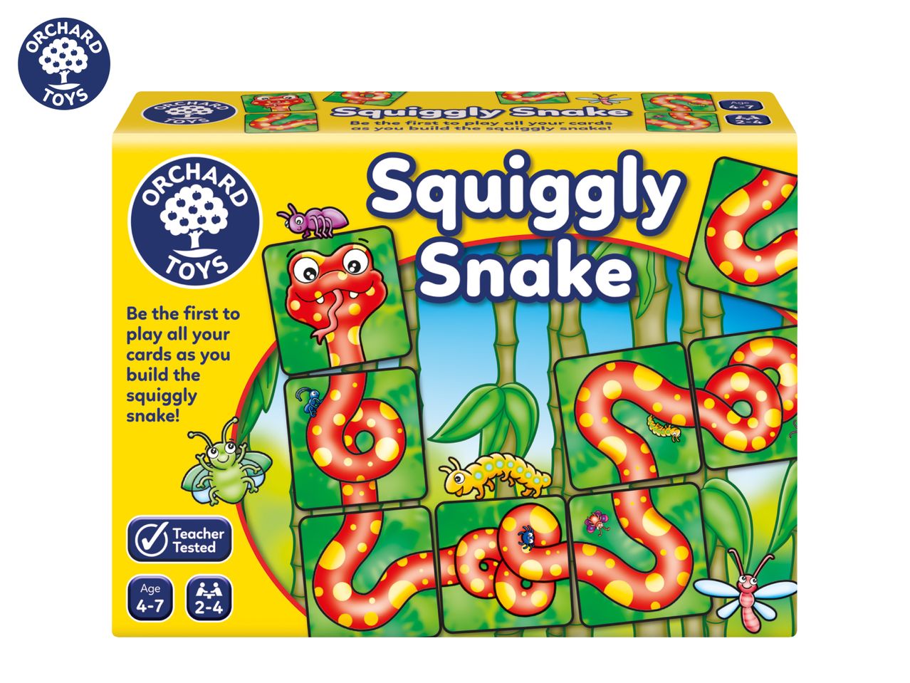 Children's game box for Squiggly Snake, featuring a red snake and insects on green tiles.