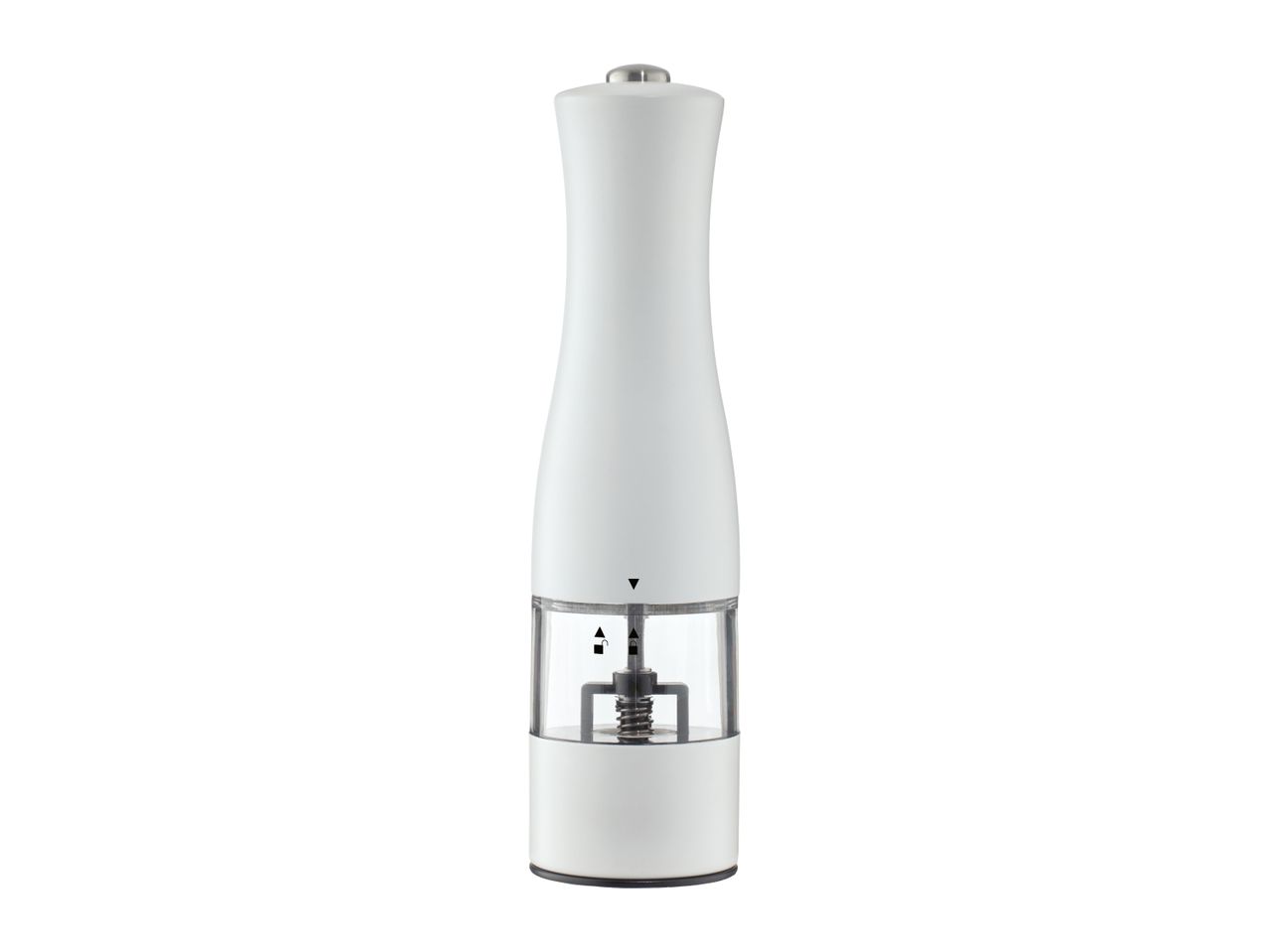 White electric salt or pepper mill with a transparent spice chamber