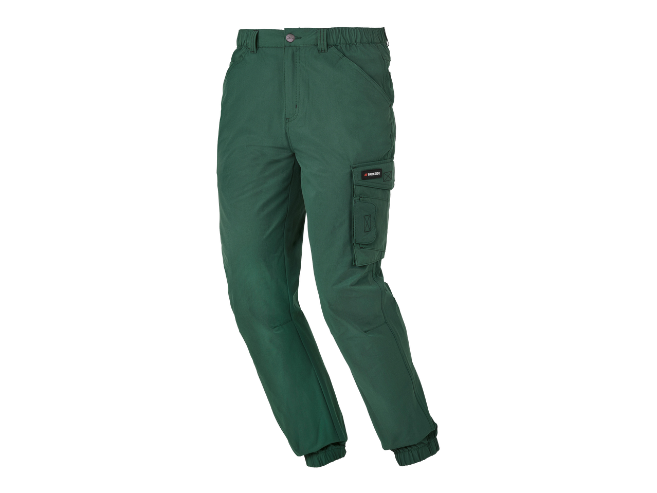 Sötétzöld, gumírozott derekú és bokájú, oldalzsebes férfi nadrág.