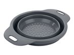 A gray silicone collapsible colander with handles.