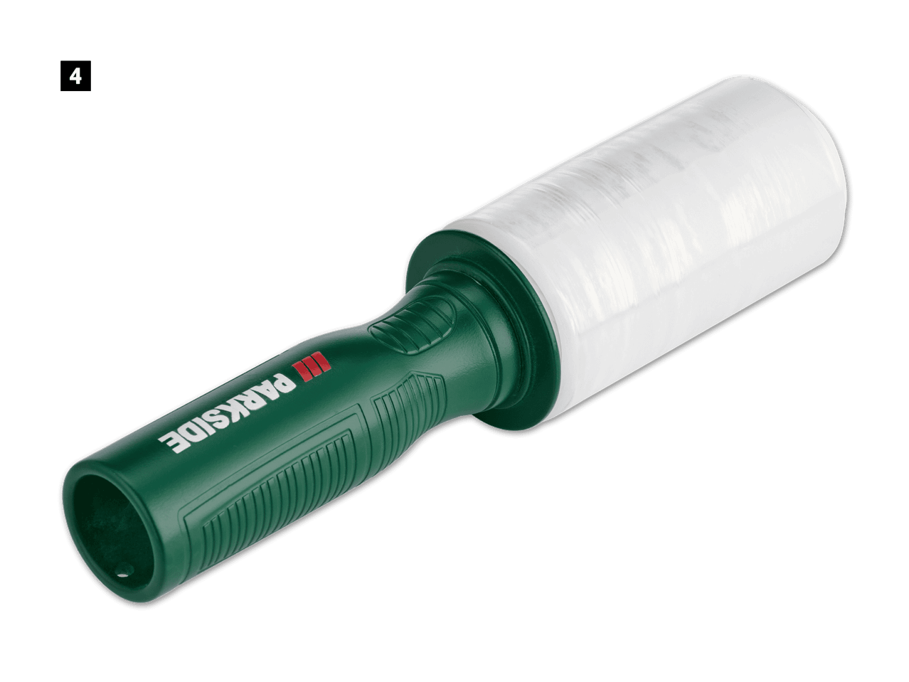 PARKSIDE Stretchfolienabroller mit weißer Folie auf schwarzem Hintergrund