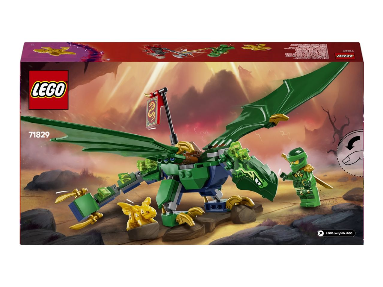 Green dragon toy with a ninja figure and a golden dragon statue on a desert-like background.