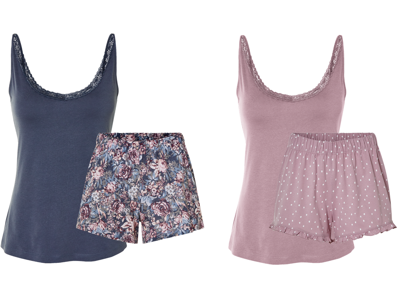 Två dam-pyjamasuppsättningar: en mörkblå med blommiga shorts och en puderrosa med prickiga shorts.