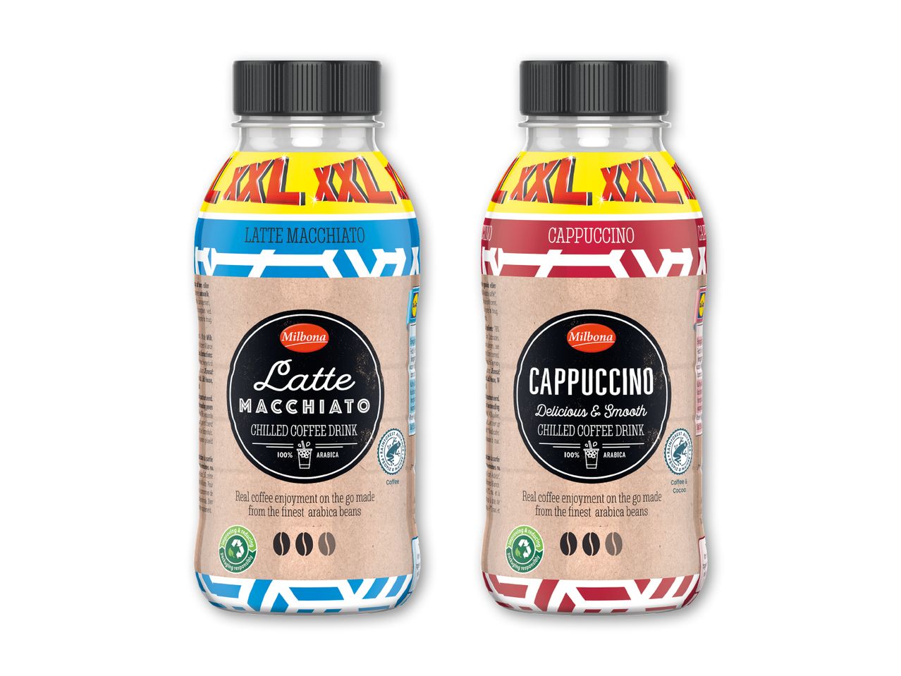 To kølede kaffedrikke fra Milbona: Latte Macchiato og Cappuccino i XXL flasker.
