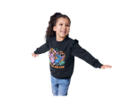 Girl wearing a Stitch sweatshirt.