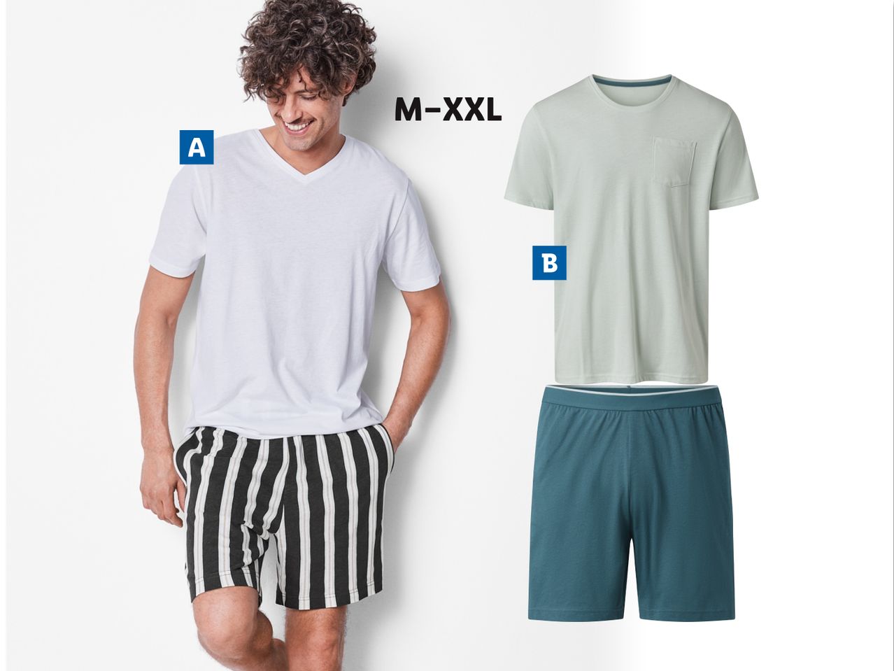 Vīriešu pidžamas komplekts ar T-kreklu un šortiem, pieejams izmēros M-XXL.